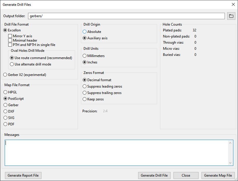 Screenshot of KiCad Generate Drill Files settings