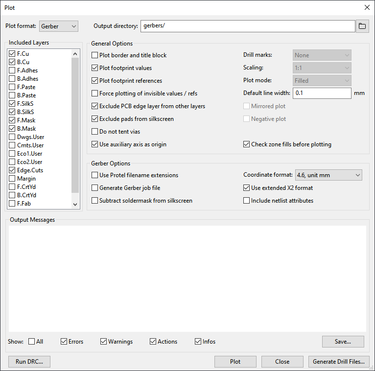 Screenshot of KiCad Plot dialog settings